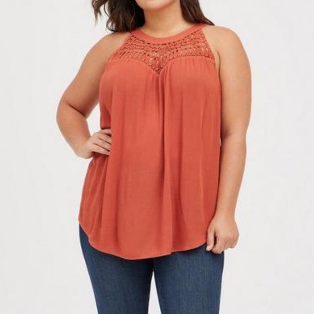 Torrid Orange Crinkle Gauze Crochet Detail Halter Tank 1X